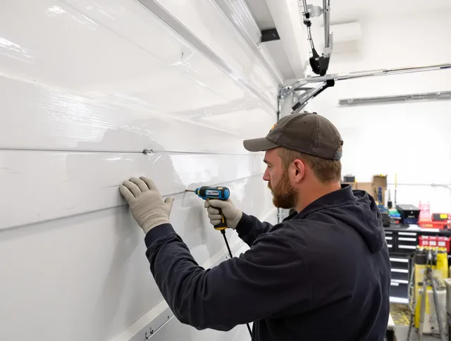 Abington Garage Door Repair technician demonstrating precision dent removal techniques on a Abington garage door