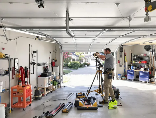 Abington Garage Door Repair specialist performing laser-guided track alignment in Abington